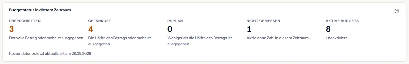 Die Zusammenfassung des Budgetstatus: die Zahl der überschrittenen, gefährdeten, planmäßigen und nicht gemessenen Budgets, die Zahl der aktiven Budgets mit der Zahl der deaktivierten und das Datum der letzten Aktualisierung der Kostendaten.
