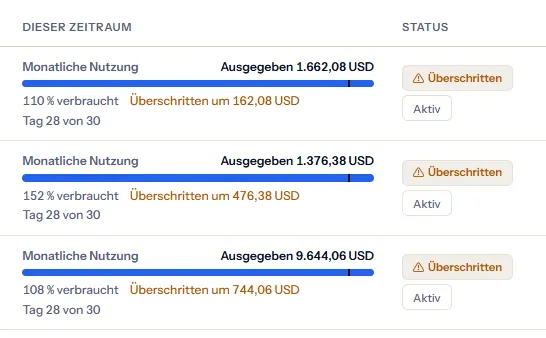 Drei Zeilen der Spalte dieses Zeitraums: die Ausgabe, ein Balken des verbrauchten Anteils mit einer Markierung beim verstrichenen Anteil des Zeitraums, der verbrauchte Anteil, um wie viel jedes Budget überschritten ist, und der Tag des Zeitraums, neben der Stufe jedes Budgets.