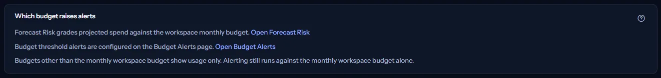 The card that says which budget raises alerts, with the links to Forecast Risk and Budget Alerts and the note that other budgets show usage only.