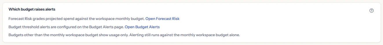 The card that says which budget raises alerts, with the links to Forecast Risk and Budget Alerts and the note that other budgets show usage only.