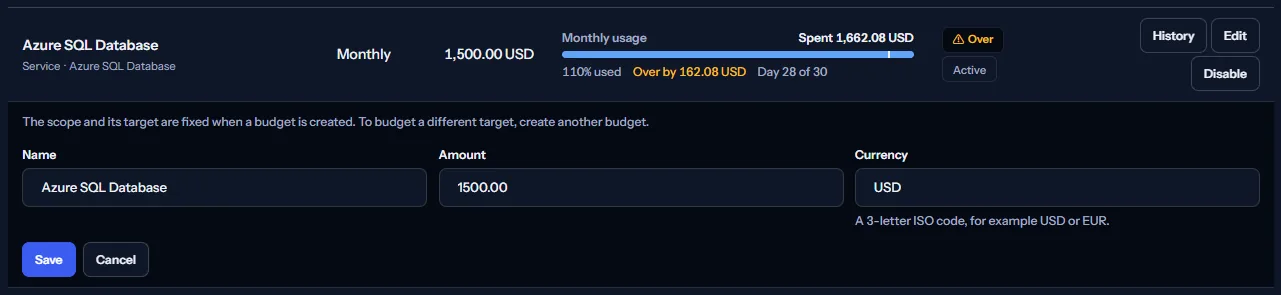 A budget row open for editing: the note that the scope and its target are fixed, the name, amount and currency fields, and the save and cancel buttons.