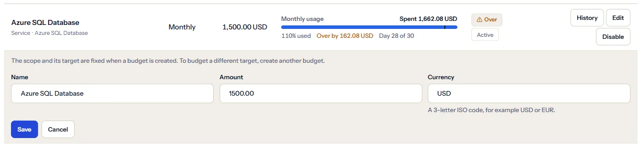 A budget row open for editing: the note that the scope and its target are fixed, the name, amount and currency fields, and the save and cancel buttons.