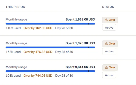 Three rows of the This period column: the spend, a bar of the share used with a mark at the share of the period elapsed, the share used, by how much each budget is over, and the day of the period, beside each budget's grade.