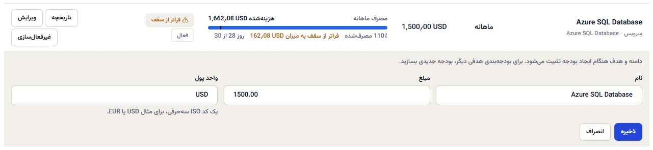 ردیف بودجه‌ای که برای ویرایش باز است: یادداشتی که می‌گوید دامنه و هدفش ثابت است، کادرهای نام، مبلغ و واحد پول، و دکمه‌های ذخیره و انصراف.