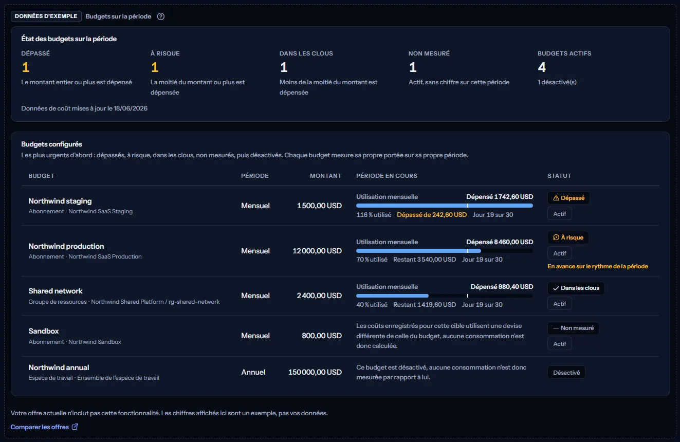 L'exemple de la page Budgets sous une étiquette visible de données d'exemple : le résumé et cinq budgets fictifs avec leur utilisation et leur niveau, une phrase indiquant que l'offre n'inclut pas la fonctionnalité, et un lien pour comparer les offres.