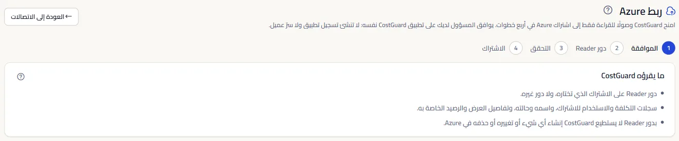 أعلى صفحة ربط Azure: مؤشر الخطوات واللوحة التي تسرد ما يقرؤه CostGuard.