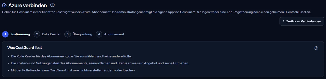 Der obere Teil der Seite „Azure verbinden“: die Schrittanzeige und der Bereich mit dem, was CostGuard liest.