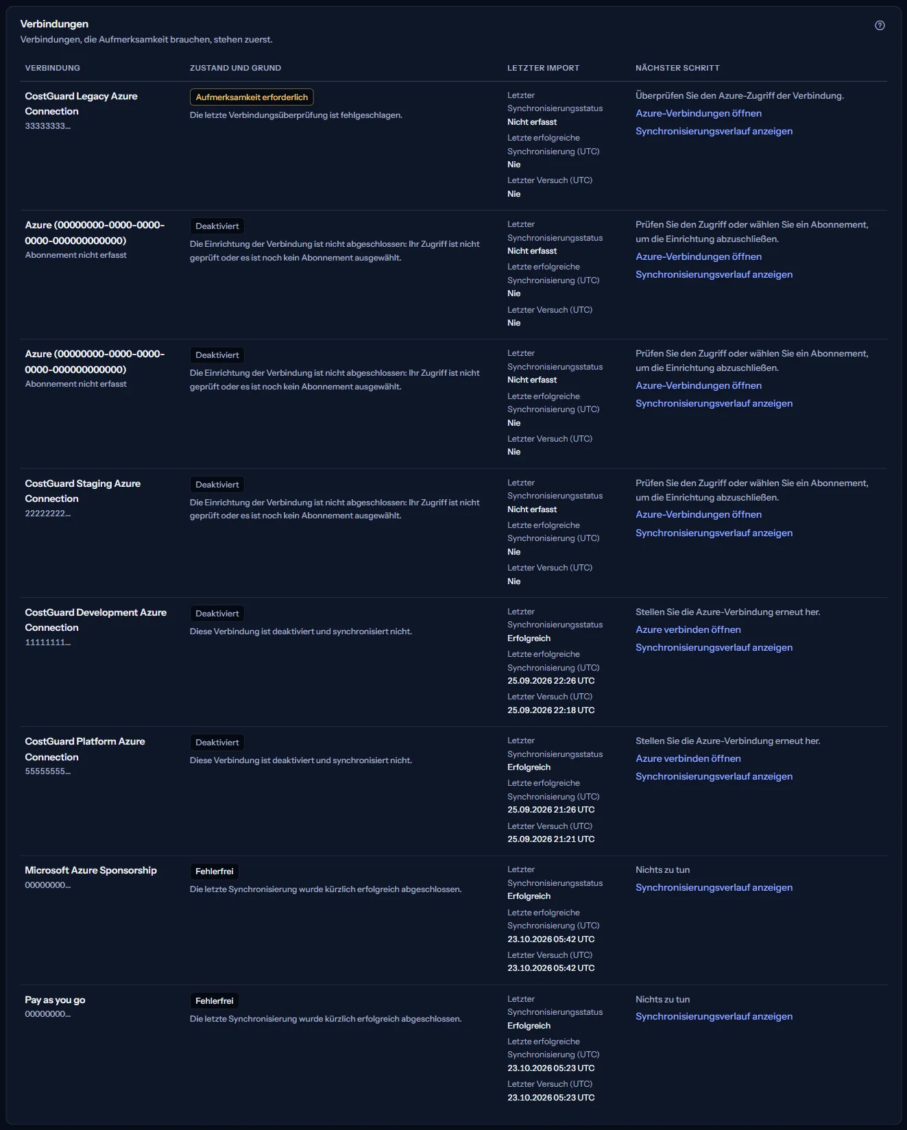 Die Tabelle „Verbindungen“: jede Verbindung mit Zustand und Grund, ihrem letzten Import mit den Zeiten des letzten Erfolgs und des letzten Versuchs sowie ihrer nächsten Aktion mit Link.