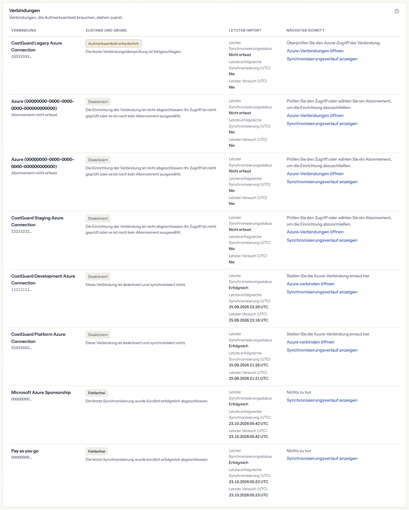 Die Tabelle „Verbindungen“: jede Verbindung mit Zustand und Grund, ihrem letzten Import mit den Zeiten des letzten Erfolgs und des letzten Versuchs sowie ihrer nächsten Aktion mit Link.