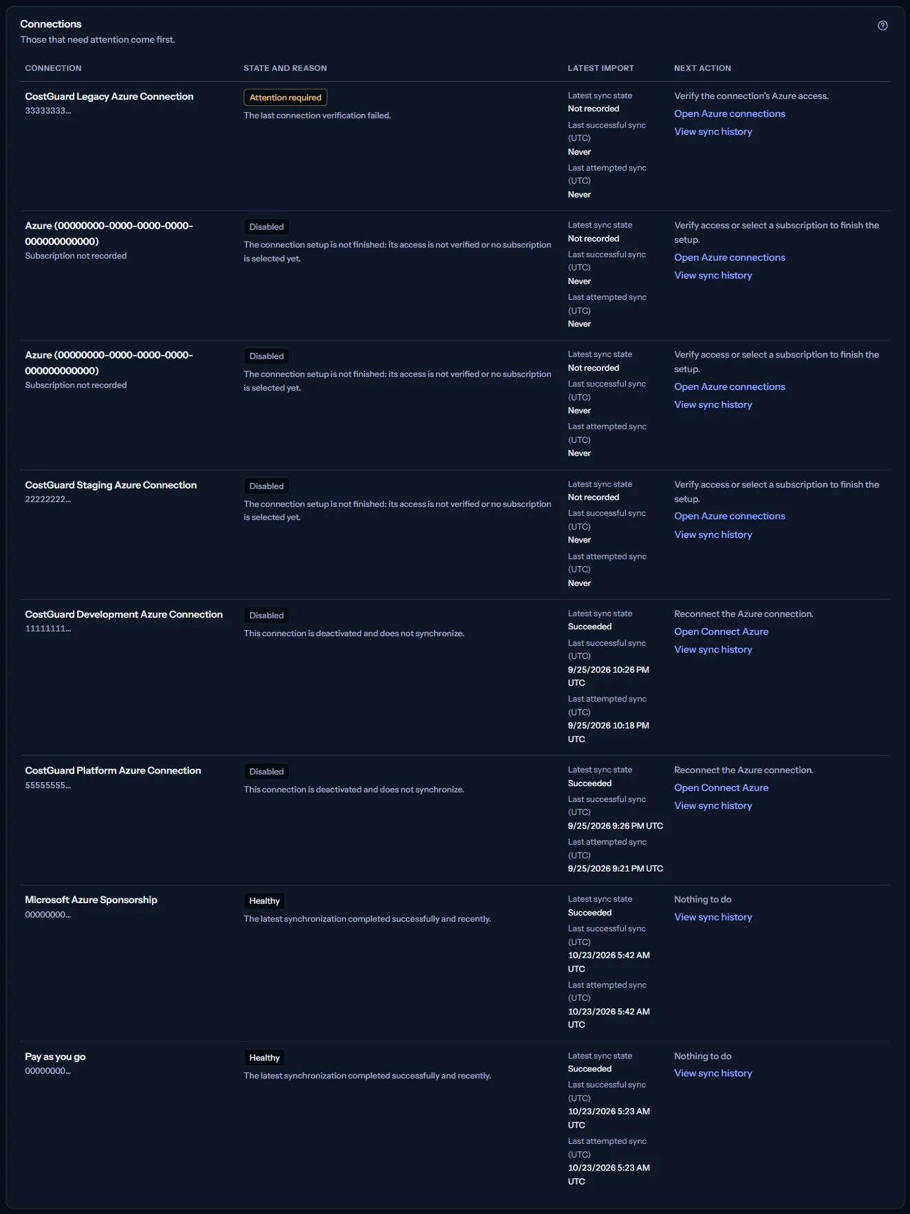The “Connections” table: each connection with its health state and reason, its latest import with the last successful and last attempted times, and its next action with a link.