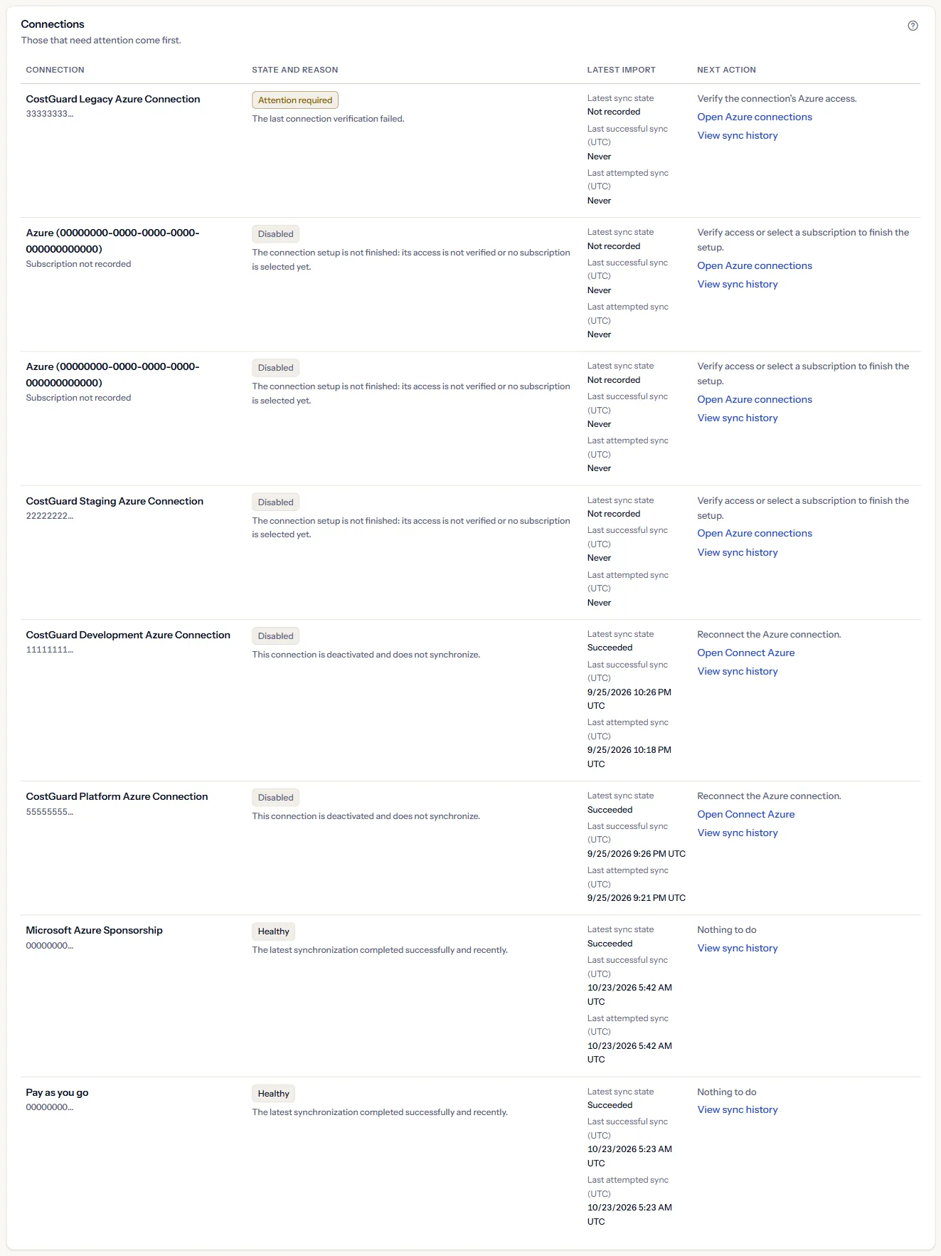 The “Connections” table: each connection with its health state and reason, its latest import with the last successful and last attempted times, and its next action with a link.