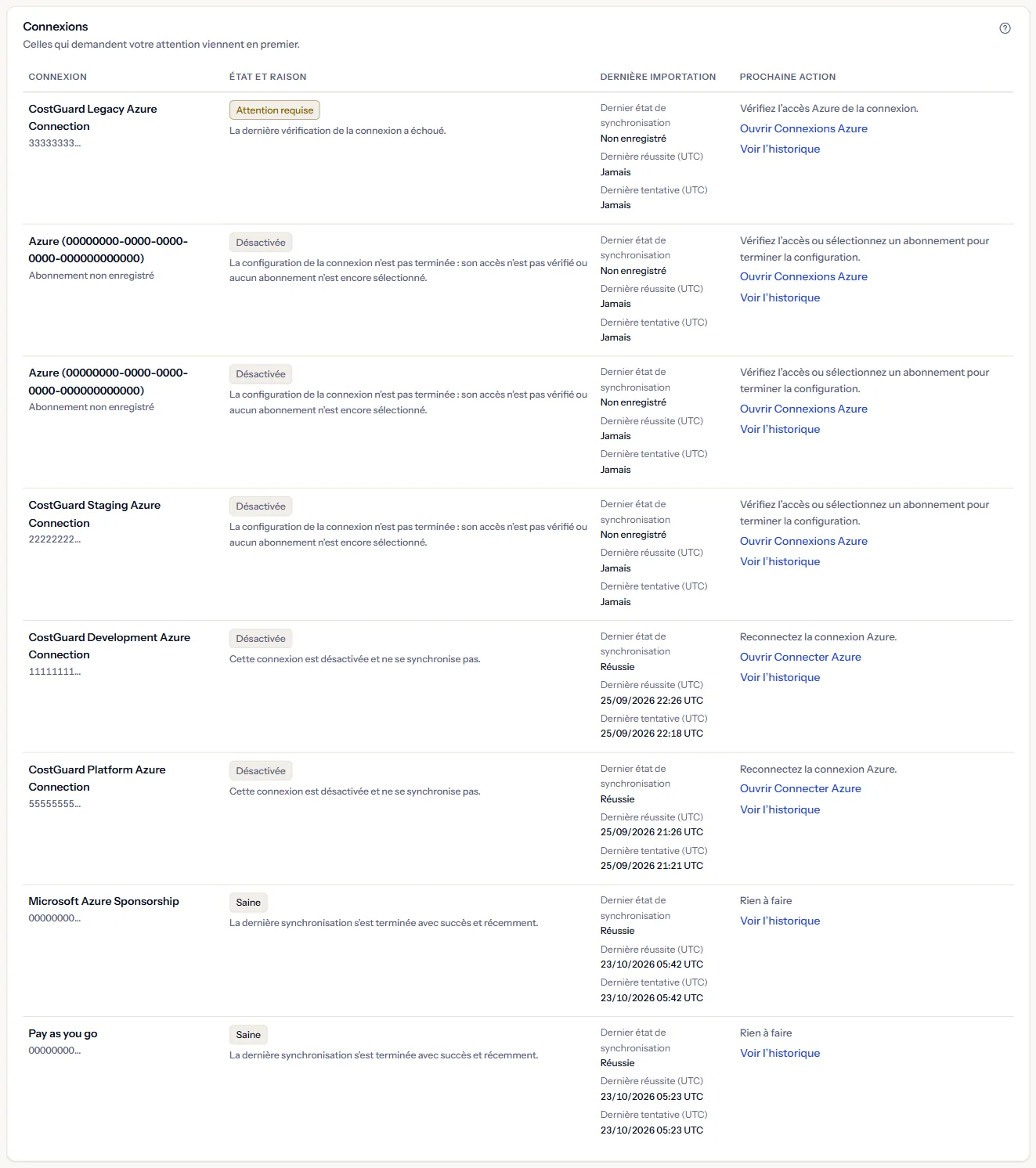 Le tableau « Connexions » : chaque connexion avec son état de santé et sa raison, sa dernière importation avec les heures de la dernière réussite et de la dernière tentative, et son action suivante avec un lien.
