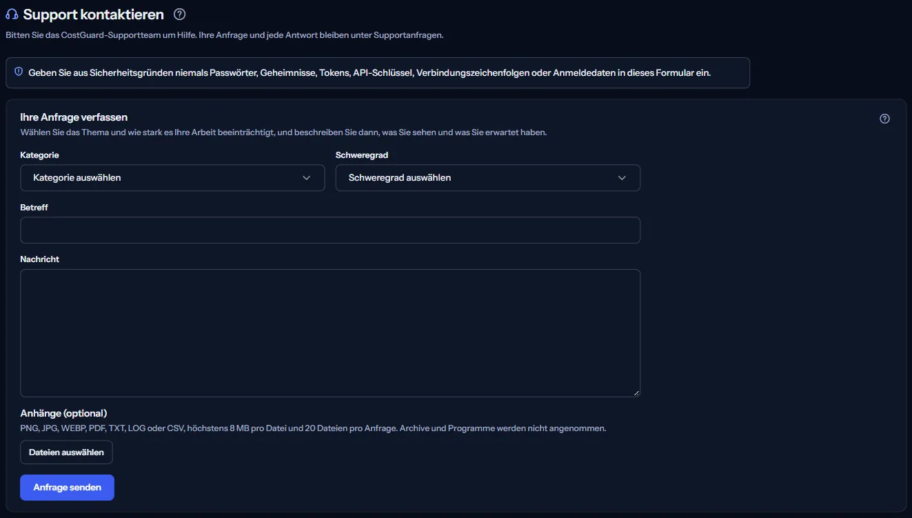 Die Seite „Support kontaktieren“ mit dem Hinweis, nie Zugangsdaten zu senden, und dem leeren Formular: Kategorie, Schweregrad, Betreff, Nachricht und Anhänge.