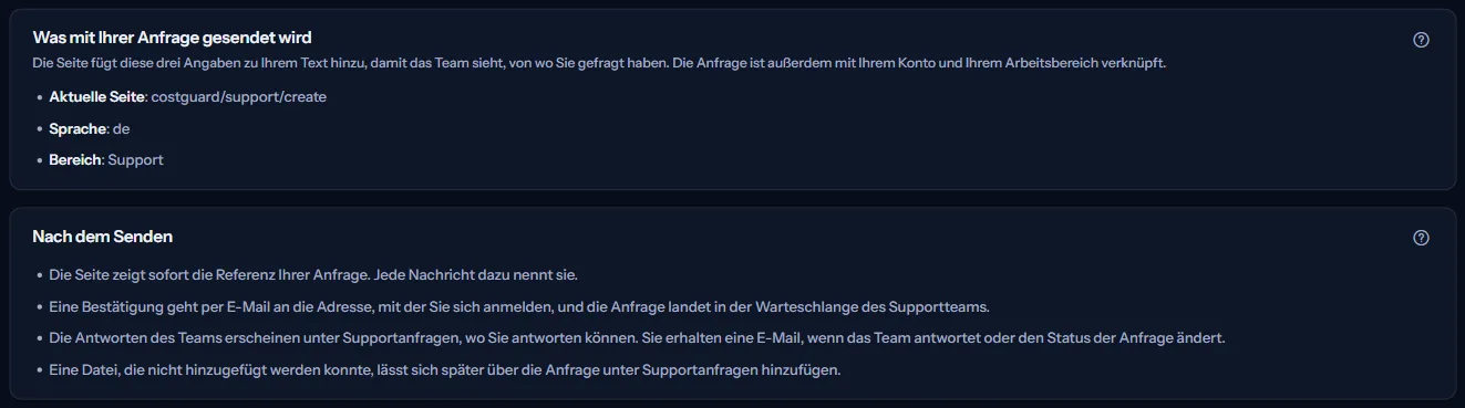 Die Bereiche mit dem, was mit einer Anfrage gesendet wird (Seite, Sprache und Bereich), und dem, was nach dem Senden geschieht.