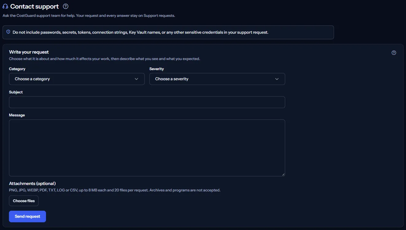 The “Contact support” page with the reminder never to send a credential and the empty request form: category, severity, subject, message and attachments.