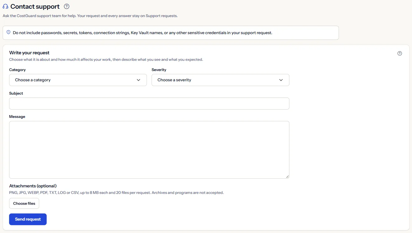 The “Contact support” page with the reminder never to send a credential and the empty request form: category, severity, subject, message and attachments.