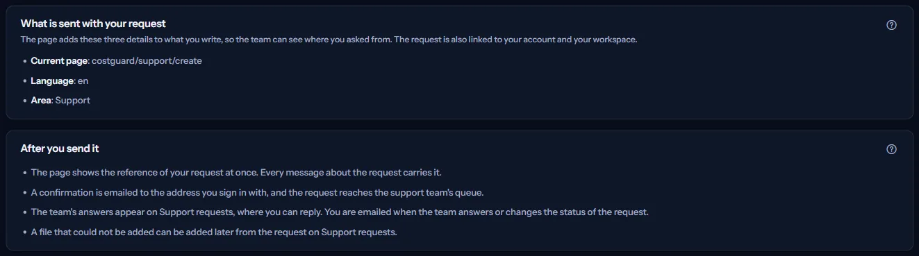 The panels listing what is sent with a request (the page, the language and the area) and what happens after it is sent.