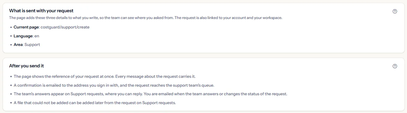 The panels listing what is sent with a request (the page, the language and the area) and what happens after it is sent.