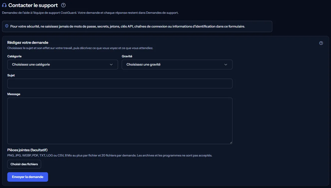 La page « Contacter le support » avec le rappel de ne jamais envoyer d'identifiant et le formulaire vide : catégorie, gravité, objet, message et pièces jointes.