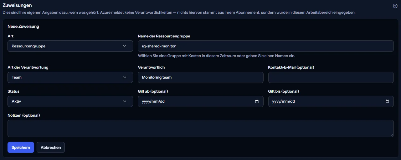 Das Zuweisungsformular, geöffnet aus einer Ressourcengruppe ohne Verantwortliche, mit der Art Ressourcengruppe und ausgefülltem Gruppennamen, und Feldern für Art der Verantwortung, Name, Kontakt-E-Mail, Status, Daten und Notizen.
