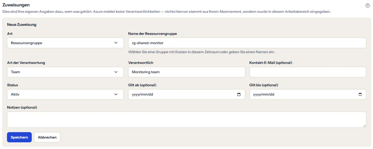 Das Zuweisungsformular, geöffnet aus einer Ressourcengruppe ohne Verantwortliche, mit der Art Ressourcengruppe und ausgefülltem Gruppennamen, und Feldern für Art der Verantwortung, Name, Kontakt-E-Mail, Status, Daten und Notizen.