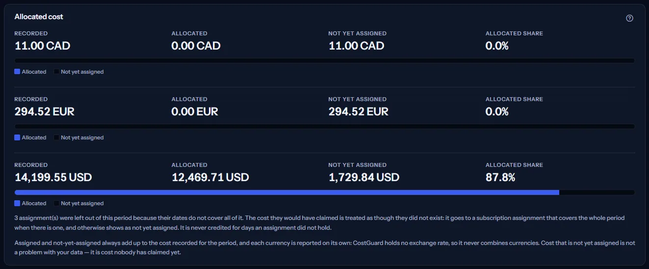 The Allocated cost card with one block per currency, each with its recorded, allocated and not yet assigned amounts, the allocated share and its bar: one currency mostly allocated, two not assigned at all.