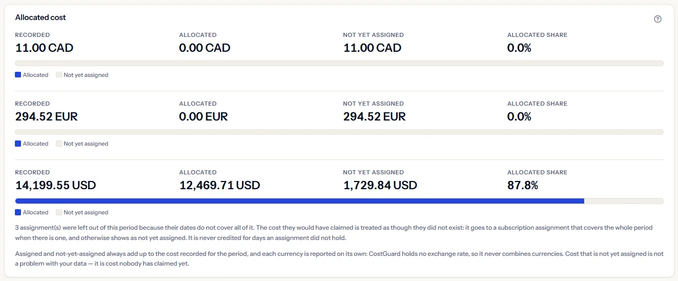 The Allocated cost card with one block per currency, each with its recorded, allocated and not yet assigned amounts, the allocated share and its bar: one currency mostly allocated, two not assigned at all.