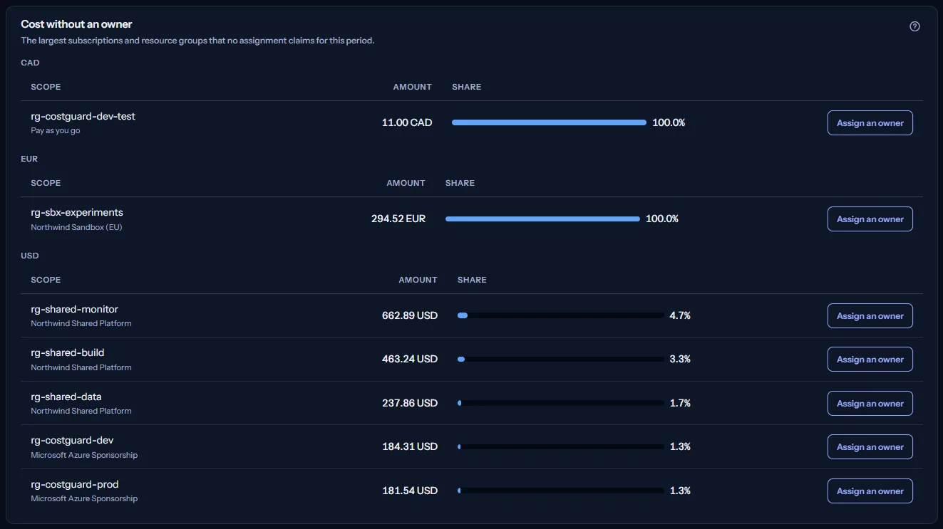 The Cost without an owner panel: the largest resource groups and subscriptions without an owner in each currency, each with its amount, its share and a button to assign an owner.