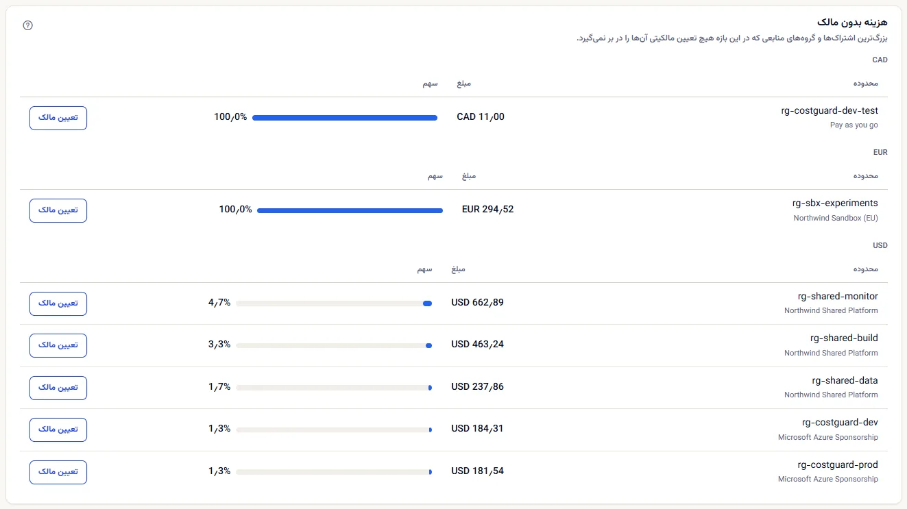 پنل هزینهٔ بدون مالک: بزرگ‌ترین گروه‌های منابع و اشتراک‌های بی‌مالک در هر ارز، هر کدام با مبلغ، سهم و دکمه‌ای برای تعیین مالک.