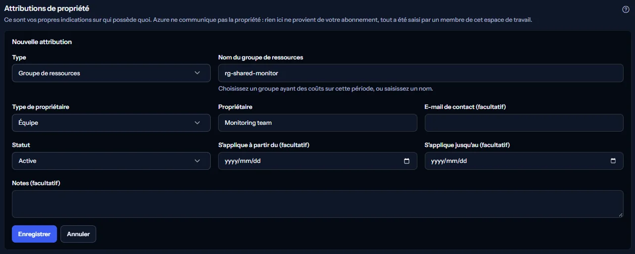 Le formulaire d'attribution ouvert depuis un groupe de ressources sans propriétaire, avec le type réglé sur groupe de ressources et le nom du groupe rempli, et des champs pour le type de propriétaire, le propriétaire, l'e-mail de contact, le statut, les dates et les notes.