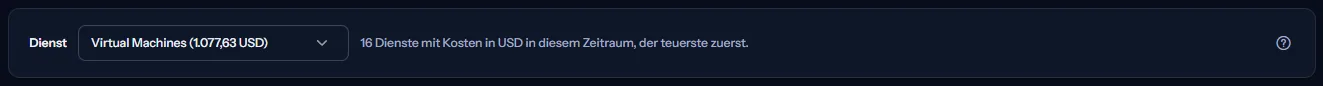 Die Dienstliste mit Virtual Machines und seinen Kosten, neben dem Satz, wie viele Dienste im Zeitraum in US-Dollar abgerechnet wurden.