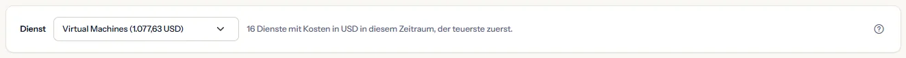 Die Dienstliste mit Virtual Machines und seinen Kosten, neben dem Satz, wie viele Dienste im Zeitraum in US-Dollar abgerechnet wurden.