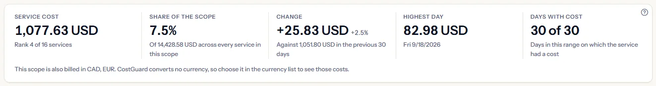 The five figures of Virtual Machines for the last 30 days: its cost and rank, its share of the scope, the change against the 30 days before, its highest day and its days with cost.