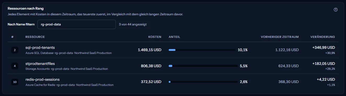 Die Ressourcenliste mit einem eingegebenen Filter: neben dem Feld die Zahl der angezeigten Elemente, darunter die passenden Zeilen, jede mit ihrem Rang in der ganzen Liste.