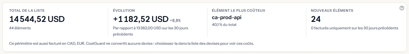 Les quatre chiffres de la liste sur les 30 derniers jours : le total avec son nombre d'éléments, l'évolution par rapport aux 30 jours précédents, l'élément le plus coûteux avec sa part, et les nouveaux éléments avec le nombre d'éléments facturés seulement avant.