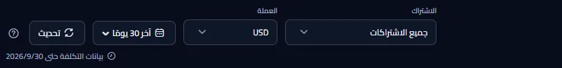 شريط النطاق وقائمة الاشتراكات على كل الاشتراكات، وقائمة العملات، والفترة على آخر 30 يومًا، وزر التحديث، والتاريخ الذي تصل إليه بيانات التكاليف.