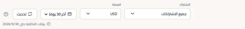 شريط النطاق وقائمة الاشتراكات على كل الاشتراكات، وقائمة العملات، والفترة على آخر 30 يومًا، وزر التحديث، والتاريخ الذي تصل إليه بيانات التكاليف.