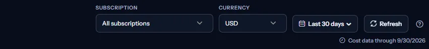 The scope bar with the subscription list set to all subscriptions, the currency list, the date range list set to the last 30 days, the refresh button and the date the cost data reaches.