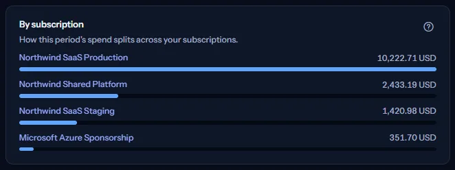The by subscription card listing four subscriptions with their cost and a bar each, the production subscription filling its bar.