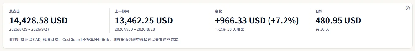 期间摘要卡片：总支出、上一期间、以金额和百分比表示的变化以及日均，下方一行列出另外两种计费货币。
