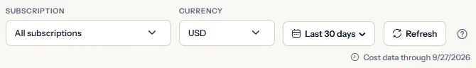 The scope bar with the subscription list set to all subscriptions, the currency list, the date range list set to the last 30 days, the refresh button and the date the cost data reaches.