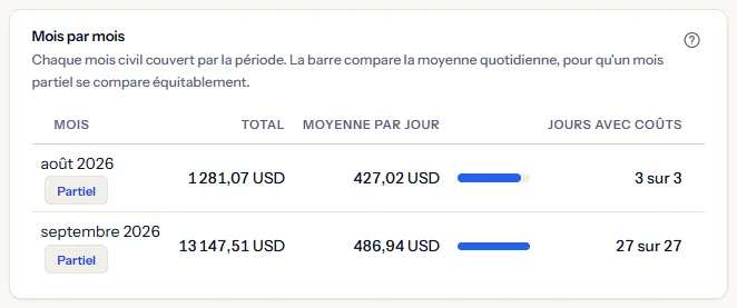 Le tableau mois par mois : deux mois civils, tous deux marqués partiels, chacun avec son total, sa moyenne par jour avec une barre et les jours avec coûts sur les jours de la période.