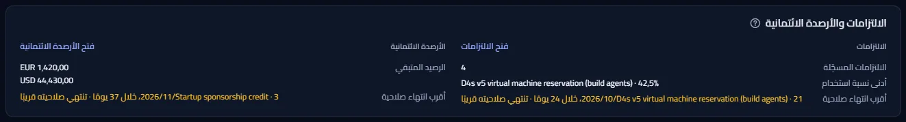 قسم الالتزامات والأرصدة الائتمانية: عدد الالتزامات وأدنى نسبة استخدام وأقرب انتهاء صلاحية في جانب، والرصيد الائتماني المتبقي لكل عملة وأقرب انتهاء صلاحية له في الجانب الآخر.