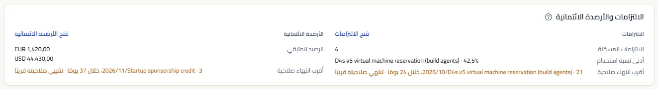 قسم الالتزامات والأرصدة الائتمانية: عدد الالتزامات وأدنى نسبة استخدام وأقرب انتهاء صلاحية في جانب، والرصيد الائتماني المتبقي لكل عملة وأقرب انتهاء صلاحية له في الجانب الآخر.