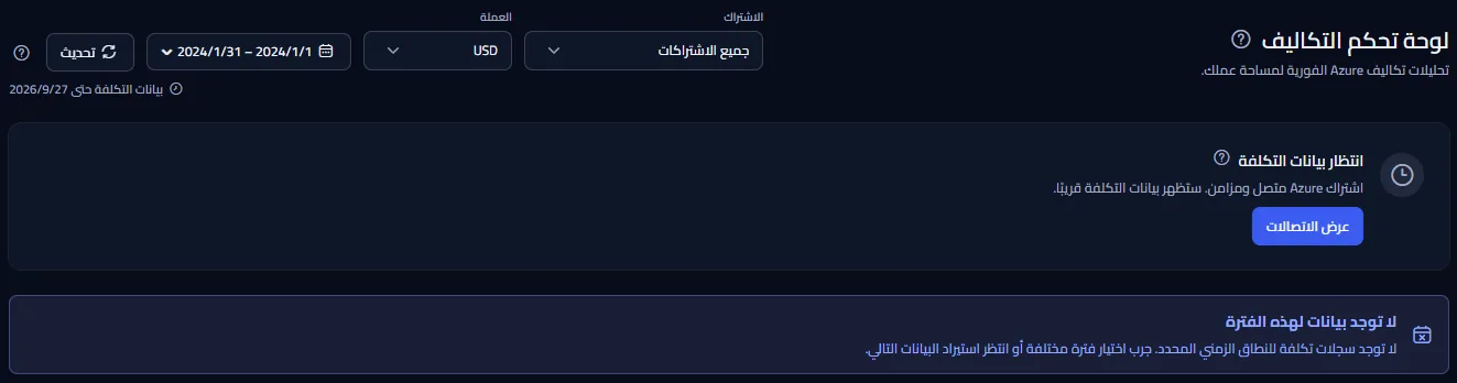 لوحة التحكم مع إشعار بعدم وجود بيانات للفترة المحددة، تحت شريط نطاق مضبوط على نطاق مخصص.