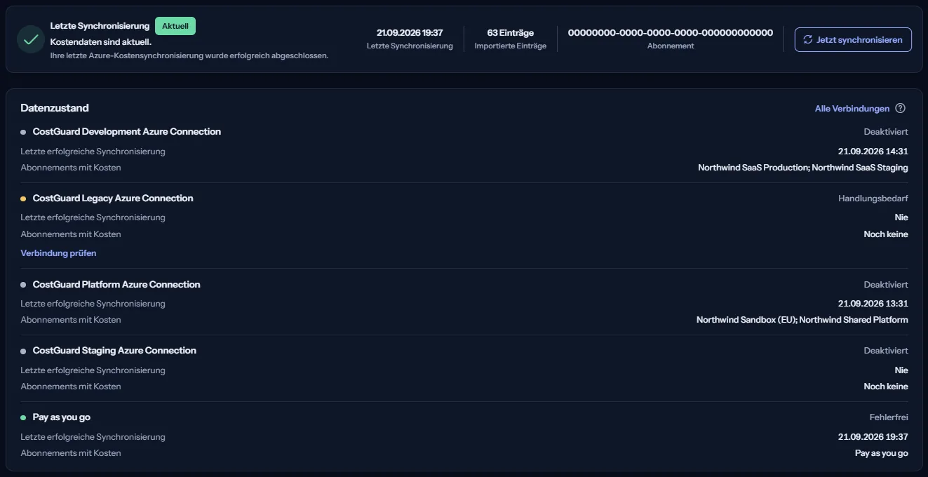 Die Karte des Synchronisierungsstatus mit dem Zustand der letzten Synchronisierung, ihrem Zeitpunkt, den importierten Einträgen und der Schaltfläche zum Synchronisieren, darunter die Liste des Datenzustands mit einer Zeile je Verbindung.