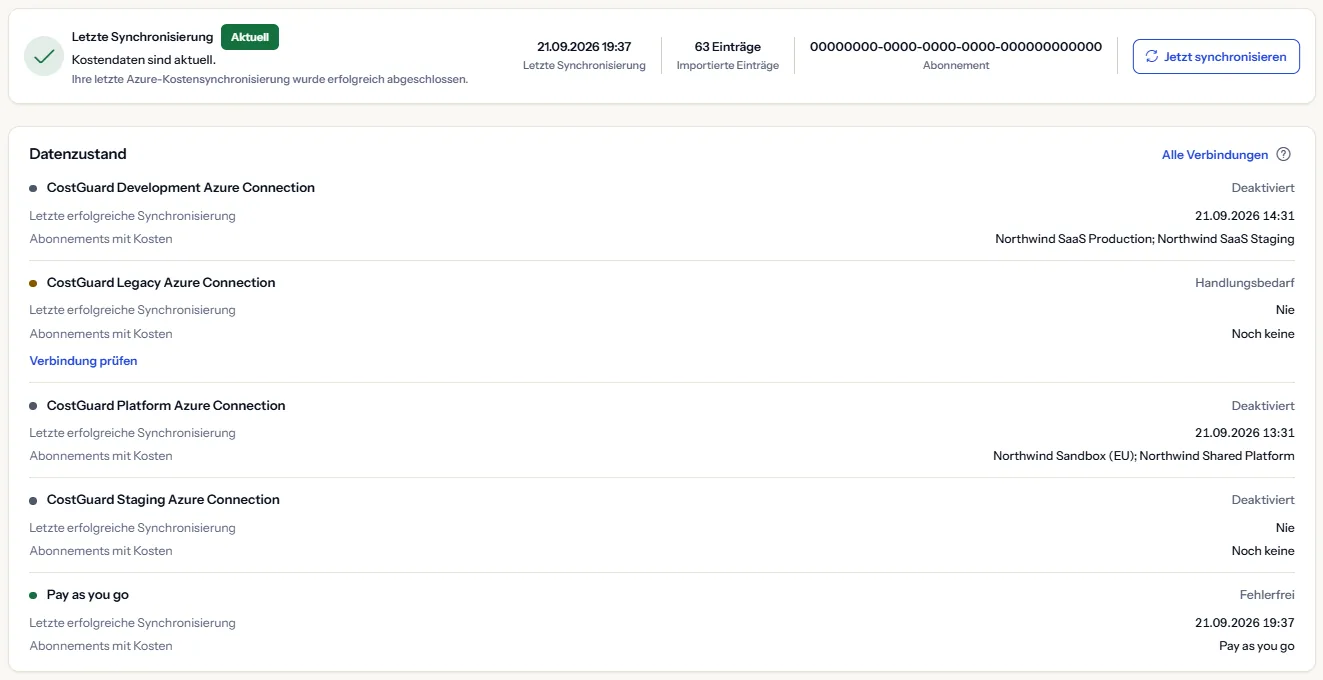 Die Karte des Synchronisierungsstatus mit dem Zustand der letzten Synchronisierung, ihrem Zeitpunkt, den importierten Einträgen und der Schaltfläche zum Synchronisieren, darunter die Liste des Datenzustands mit einer Zeile je Verbindung.