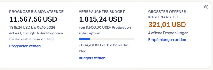 Drei Kacheln: die Prognose bis Monatsende mit dem erfassten Anteil darunter, das verbrauchte Budget mit einem Balken und einer Risikokennzeichnung und den größten offenen Kostenanstieg mit der Zahl der offenen Empfehlungen.
