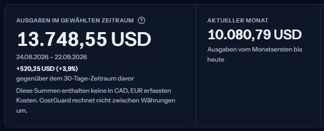 Das Band mit den Hauptwerten: die Ausgaben im gewählten Zeitraum mit ihren Daten und ihrer Veränderung gegenüber dem vorherigen Zeitraum, daneben der aktuelle Monat.