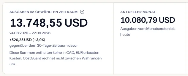 Das Band mit den Hauptwerten: die Ausgaben im gewählten Zeitraum mit ihren Daten und ihrer Veränderung gegenüber dem vorherigen Zeitraum, daneben der aktuelle Monat.
